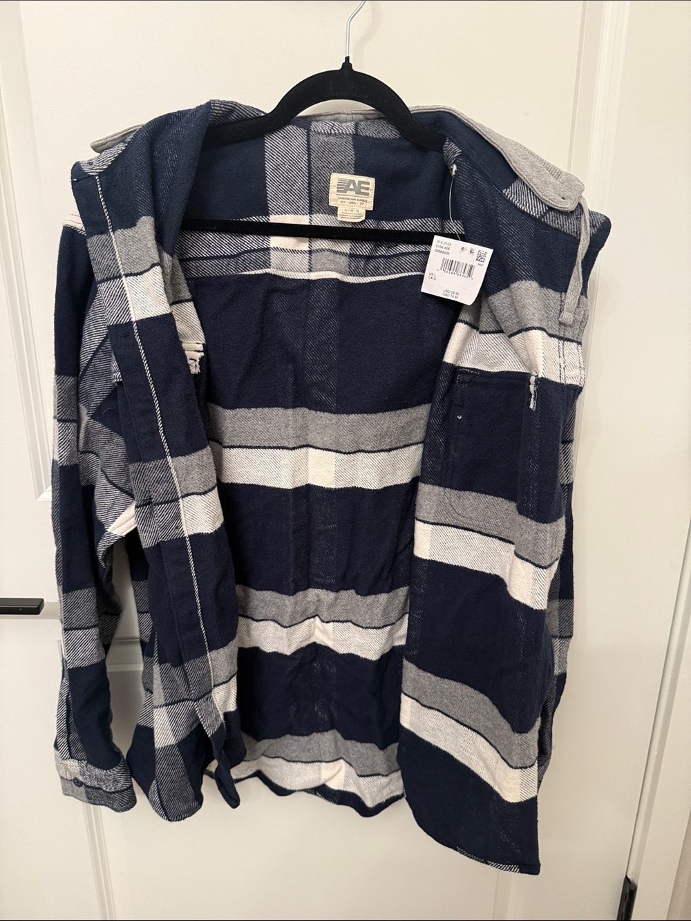 American Eagle Outfitters Navy, Gray & White Hooded Striped Jacket